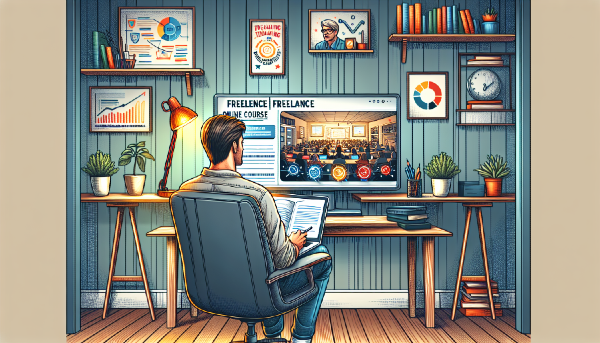 Ilustração de um freelancer participando de um curso online