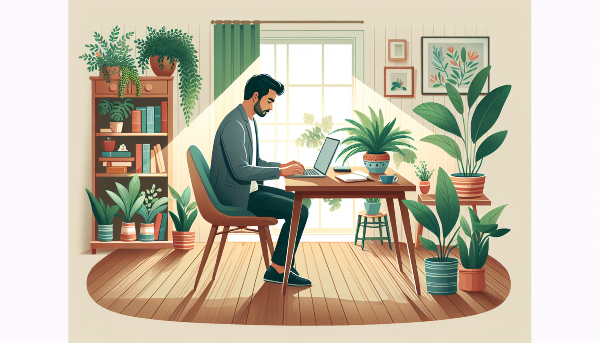 Uma ilustração que representa o conceito de home office, com uma pessoa trabalhando em um ambiente doméstico.