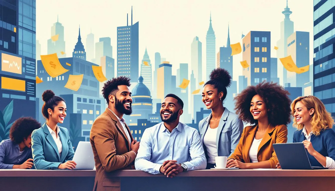 Foto com pessoas felizes com Vantagens do adiantamento salarial