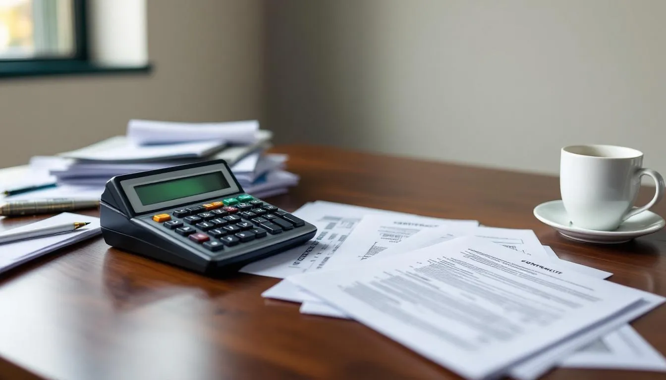 Uma calculadora está posicionada sobre uma mesa, ao lado de documentos imobiliários.