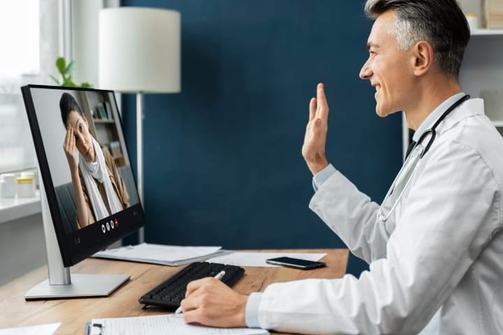 Médico realizando Telemedicina via computador.