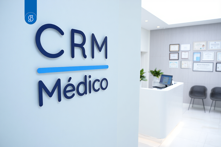 Ilustração com consultório médico e placa de sinalização CRM Médico.