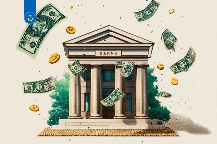 Imagem de Banco com dólares voando.
